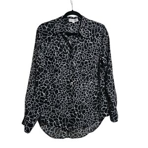 Giraffe Animal Print Sheer Button Down Blouse Black And White Long Sleeve Small
